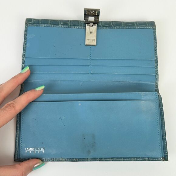 Lambertson Truex Crocodile Leather Exotic Turquoise Blue Foldover Wallet Design - Picture 7 of 16